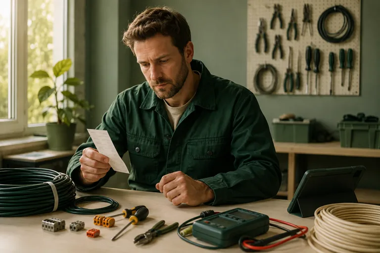 An electrician checking materials and a receipt on a job