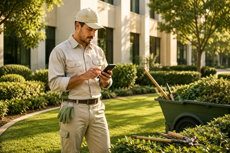 A grounds maintenance professional recording completed work outdoors