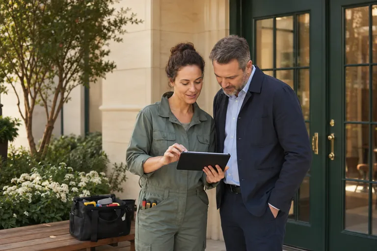 A building maintenance technician going over completed work with a property manager